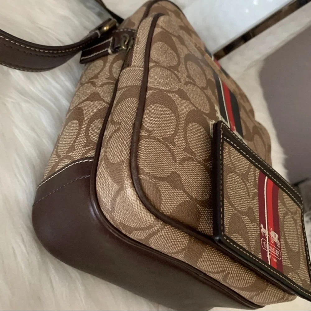 Vintage Coach Tan Messenger Bag with Red and Black Stripes
